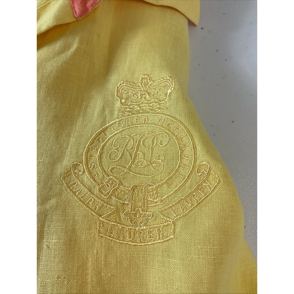 Lauren Ralph Lauren 2X Yellow Linen Button Up Shirt Crest Logo Coral Trim Beach - Picture 5 of 8